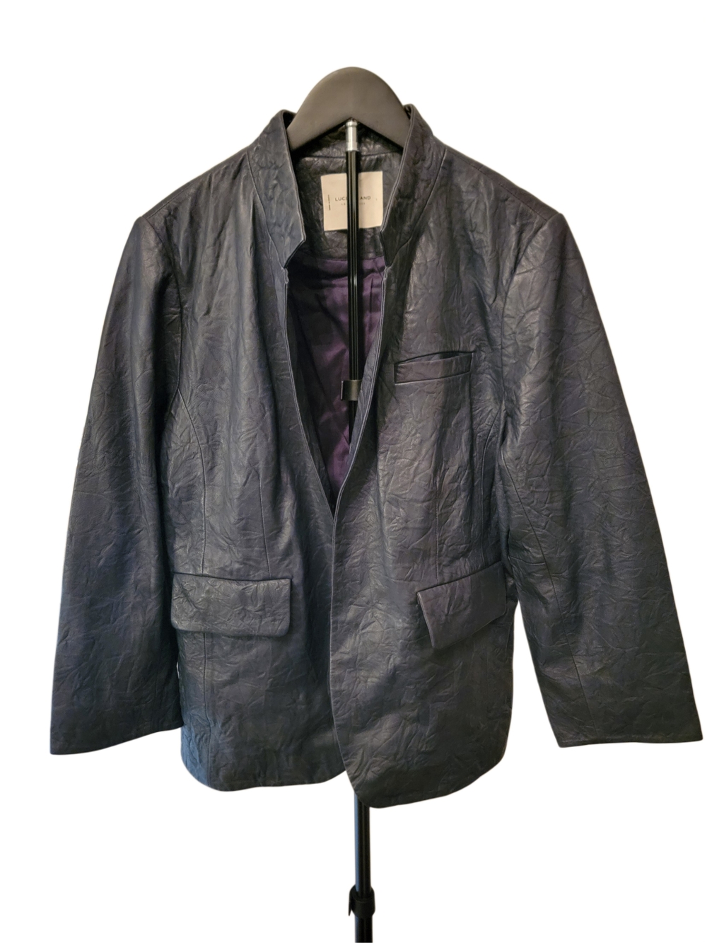 Lucky Brand Navy Blue Crinkled Lamb Leather Blazer Jacket Open Front Large - EUC